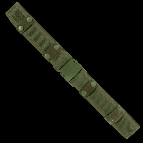 The Condor Tactical Belt in olive green features snap buttons, a plastic buckle, and multiple attachment loops, shown on a plain background.